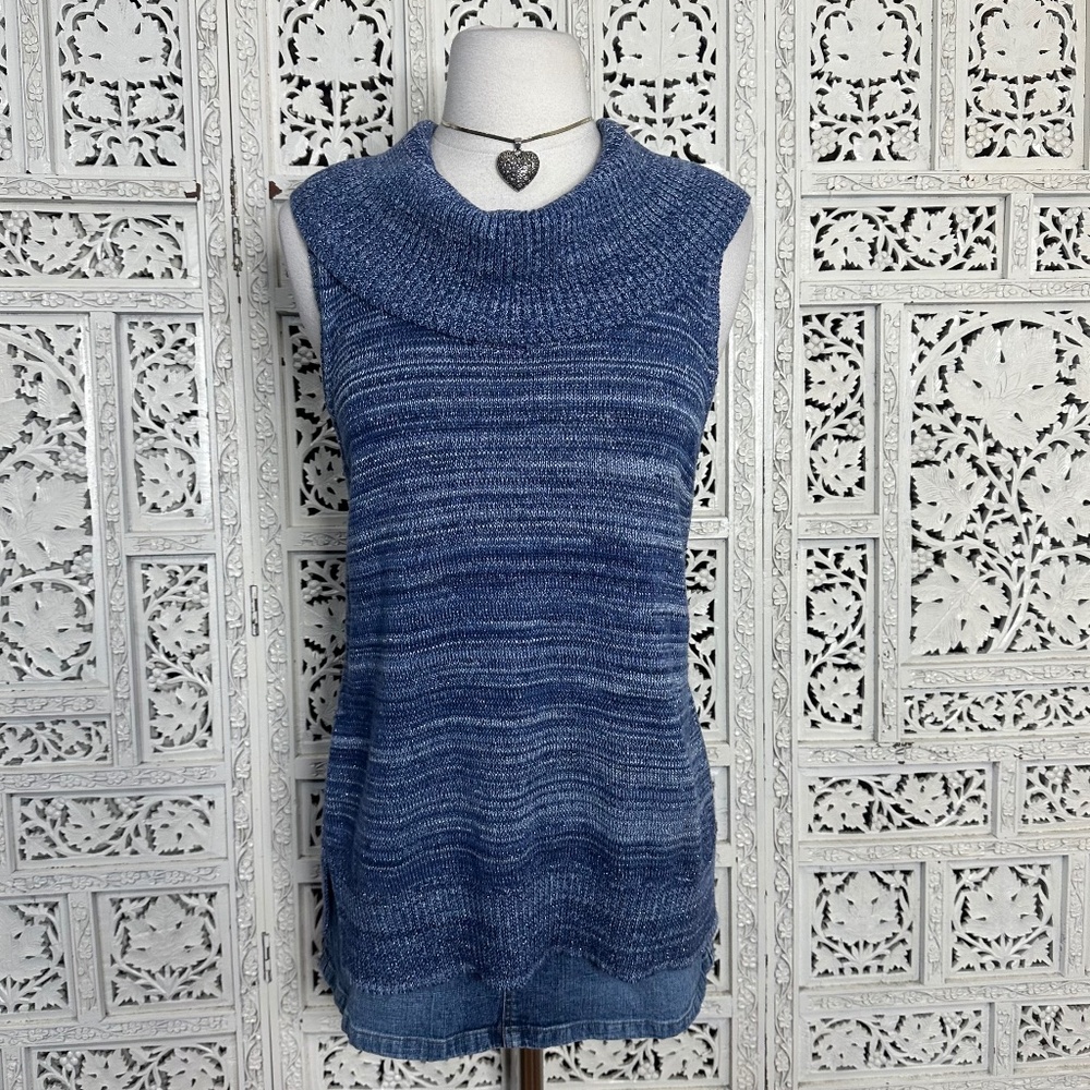 Chicos Heathered Blue Metallic Cowl Neck Sleeveless Sweater Vest Sz‎ Medium